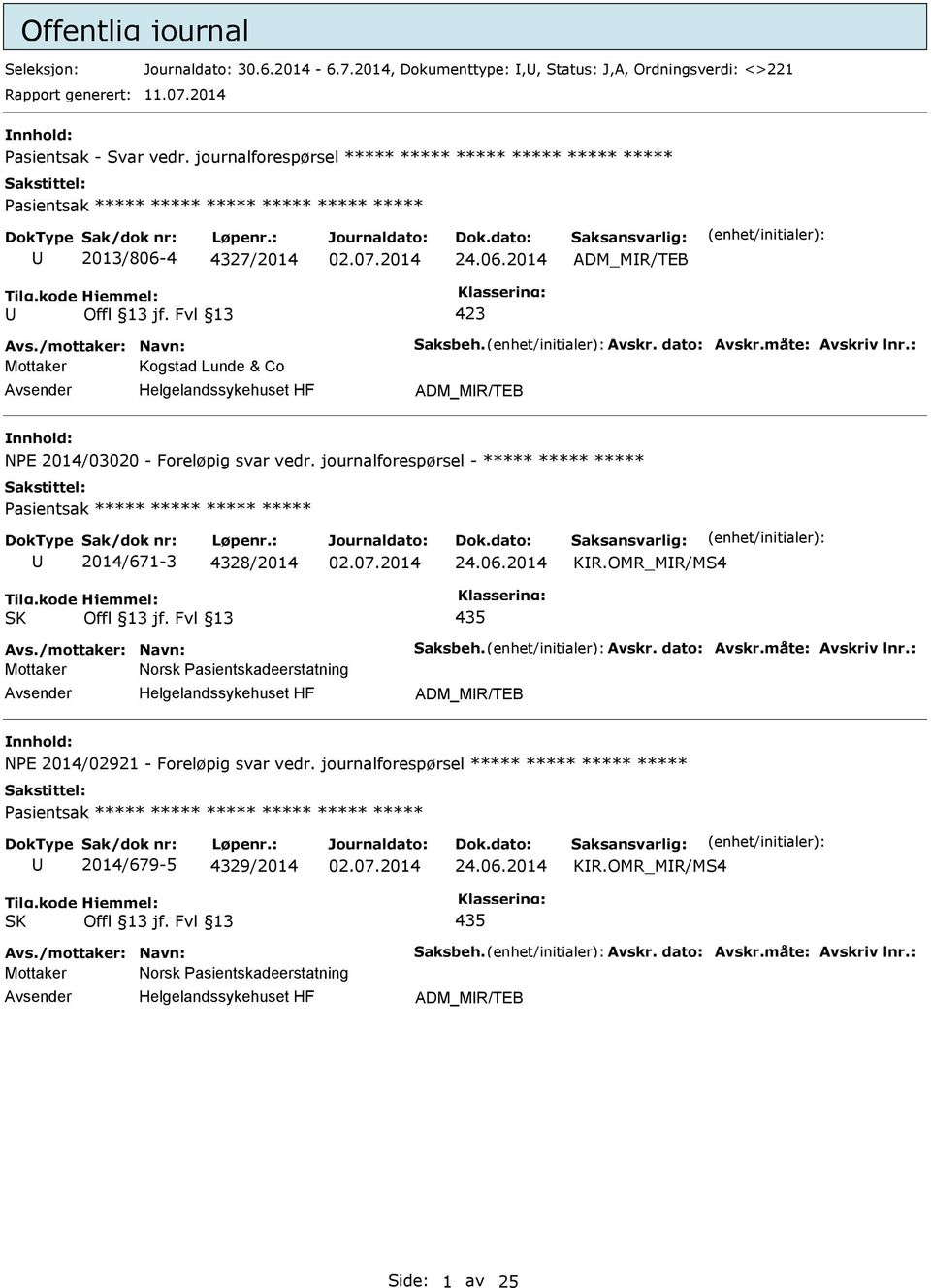 : Mottaker Kogstad Lunde & Co ADM_MR/TEB NPE 2014/03020 - Foreløpig svar vedr. journalforespørsel - ***** ***** ***** Pasientsak ***** ***** ***** ***** 2014/671-3 8/2014 24.06.2014 KR.