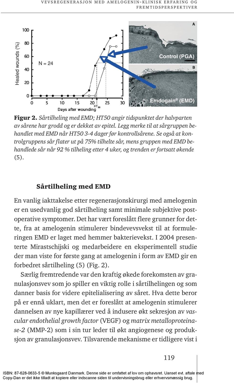 Se også at kontrolgruppens sår flater ut på 75% tilhelte sår, mens gruppen med EMD behandlede sår når 92 % tilheling etter 4 uker, og trenden er fortsatt økende (5).