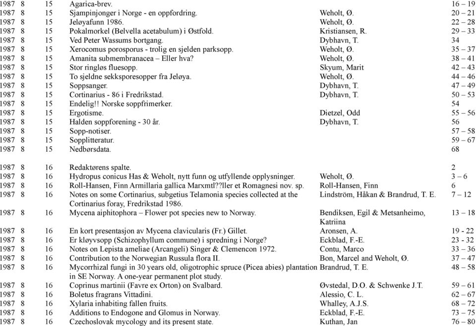 Weholt, Ø. 38 41 1987 8 15 Stor ringløs fluesopp. Skyum, Marit 42 43 1987 8 15 To sjeldne sekksporesopper fra Jeløya. Weholt, Ø. 44 46 1987 8 15 Soppsanger. Dybhavn, T.