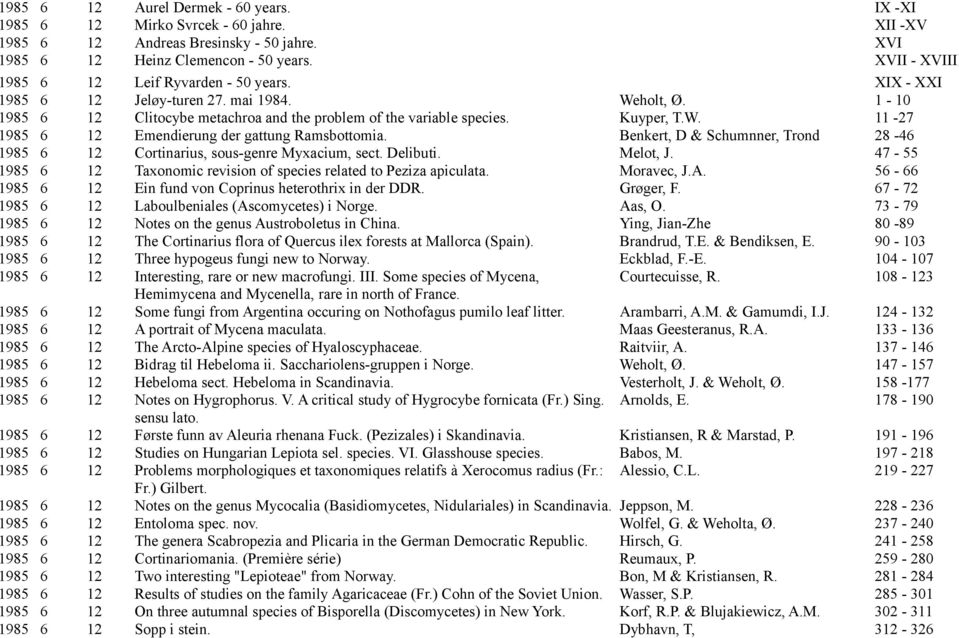 Benkert, D & Schumnner, Trond 28-46 1985 6 12 Cortinarius, sous-genre Myxacium, sect. Delibuti. Melot, J. 47-55 1985 6 12 Taxonomic revision of species related to Peziza apiculata. Moravec, J.A.