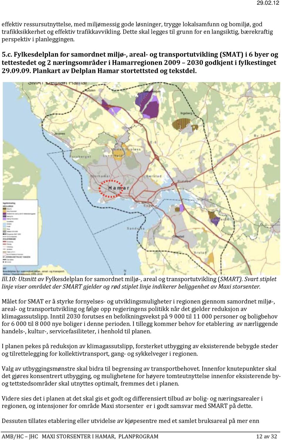 Fylkesdelplan for samordnet miljø-, areal- og transportutvikling (SMAT) i 6 byer og tettestedet og 2 næringsområder i Hamarregionen 2009 2030 godkjent i fylkestinget 29.09.09. Plankart av Delplan Hamar stortettsted og tekstdel.