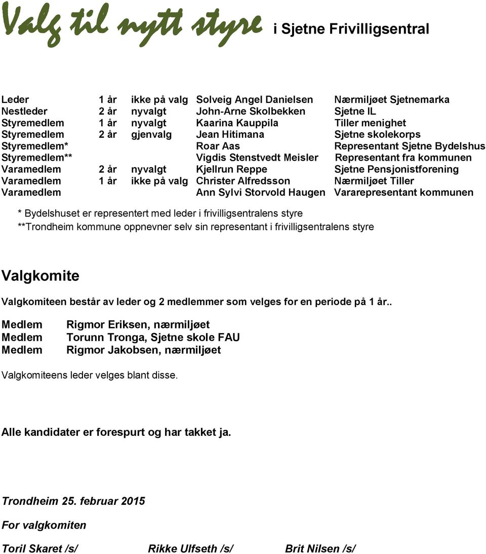 kommunen Varamedlem 2 år nyvalgt Kjellrun Reppe Sjetne Pensjonistforening Varamedlem 1 år ikke på valg Christer Alfredsson Nærmiljøet Tiller Varamedlem Ann Sylvi Storvold Haugen Vararepresentant