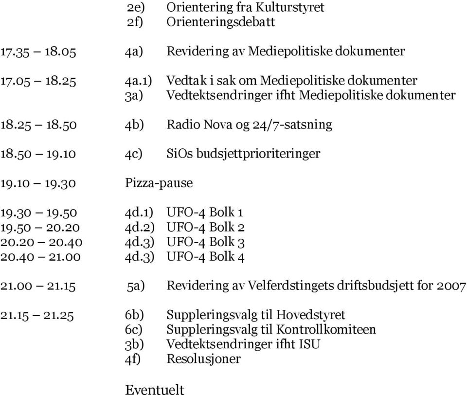 10 4c) SiOs budsjettprioriteringer 19.10 19.30 Pizza-pause 19.30 19.50 4d.1) UFO-4 Bolk 1 19.50 20.20 4d.2) UFO-4 Bolk 2 20.20 20.40 4d.3) UFO-4 Bolk 3 20.40 21.00 4d.