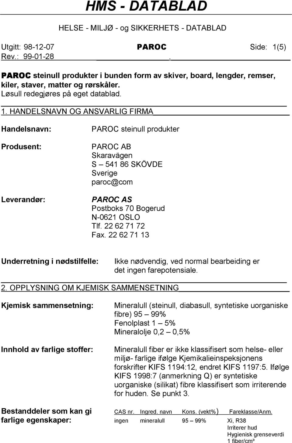 HANDELSNAVN OG ANSVARLIG FIRMA Handelsnavn: Produsent: Leverandør: PAROC steinull produkter PAROC AB Skaravägen S 541 86 SKÖVDE Sverige paroc@com PAROC AS Postboks 70 Bogerud N-0621 OSLO Tlf.