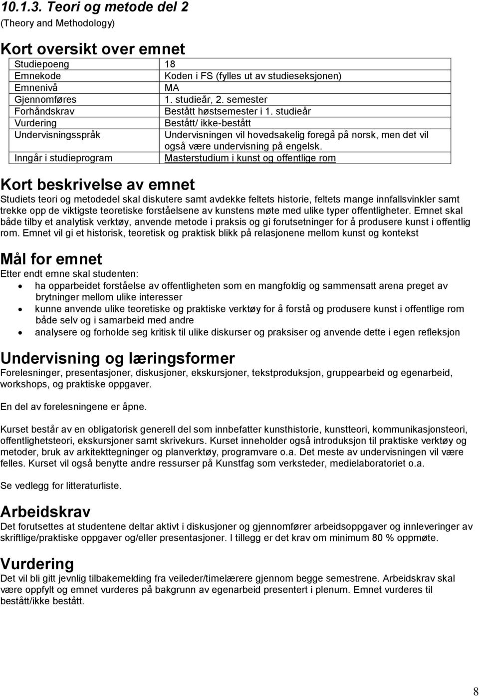 Inngår i studieprogram Masterstudium i kunst og offentlige rom Kort beskrivelse av emnet Studiets teori og metodedel skal diskutere samt avdekke feltets historie, feltets mange innfallsvinkler samt