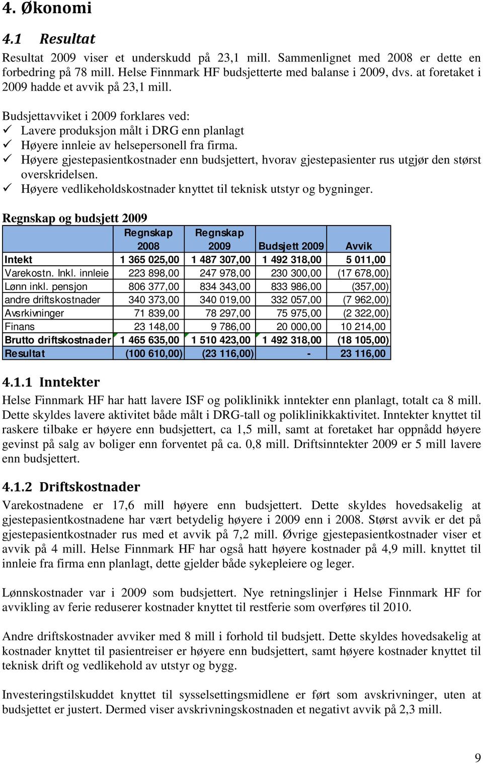 Høyere gjestepasientkostnader enn budsjettert, hvorav gjestepasienter rus utgjør den størst overskridelsen. Høyere vedlikeholdskostnader knyttet til teknisk utstyr og bygninger.