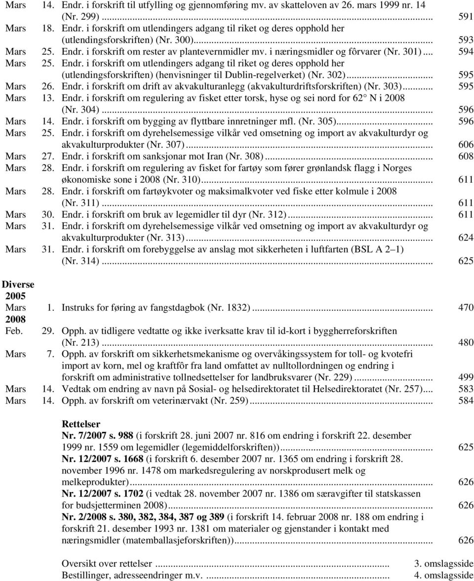 302)... 595 Mars 26. Endr. i forskrift om drift av akvakulturanlegg (akvakulturdriftsforskriften) (Nr. 303)... 595 Mars 13. Endr. i forskrift om regulering av fisket etter torsk, hyse og sei nord for 62 N i 2008 (Nr.