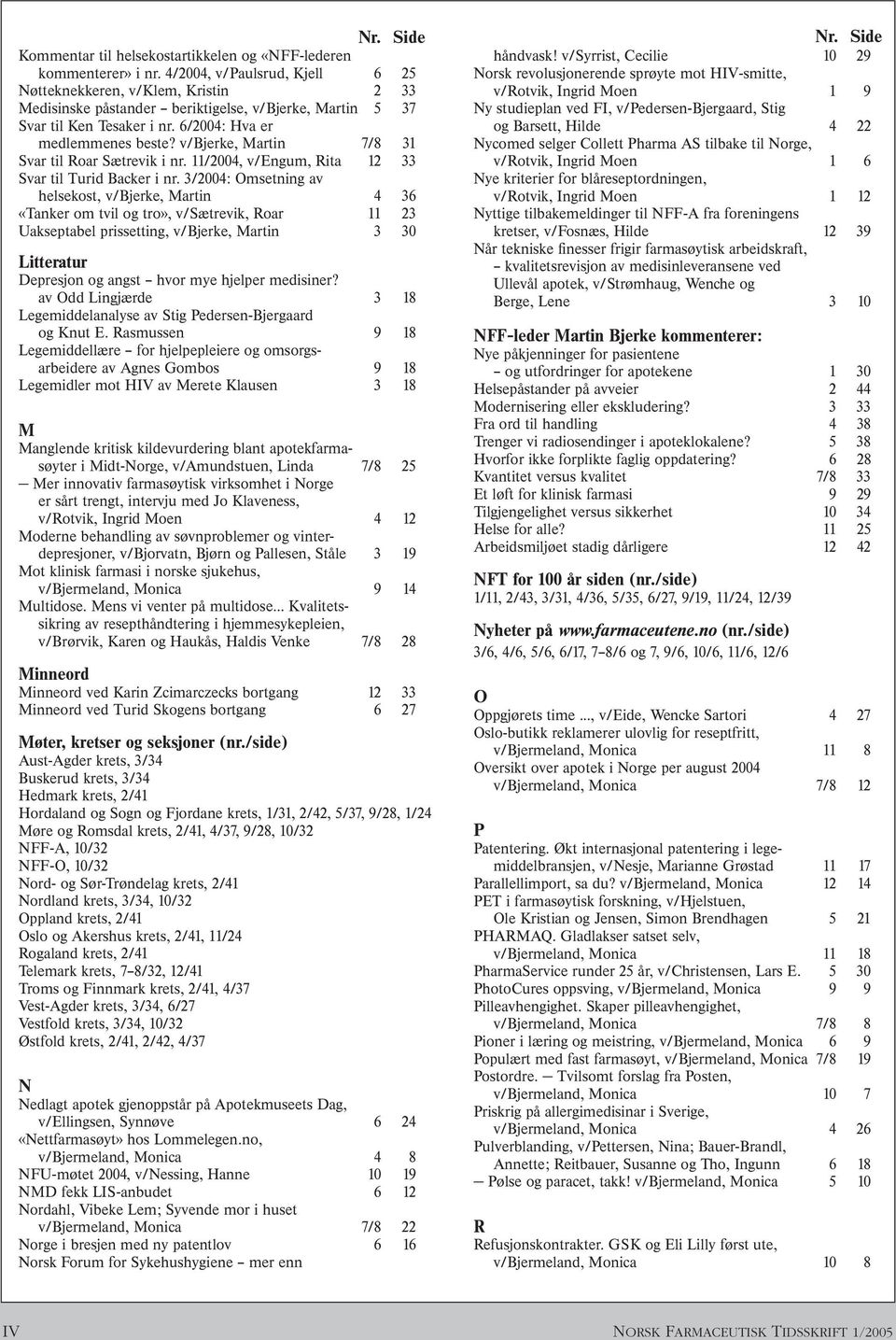 v/bjerke, Martin 7/8 31 Svar til Roar Sætrevik i nr. 11/2004, v/engum, Rita 12 33 Svar til Turid Backer i nr.