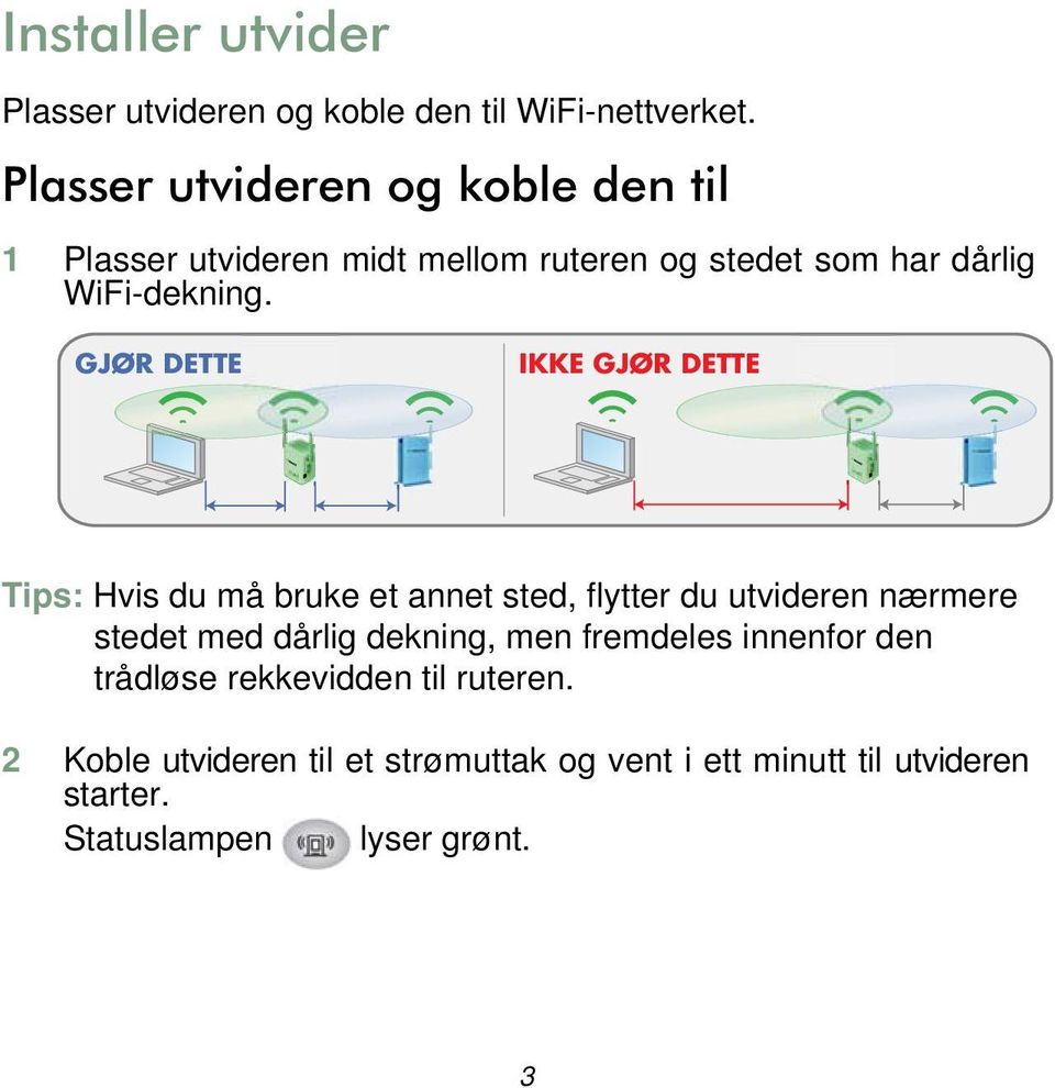 GJØR DETTE IKKE GJØR DETTE Tips: Hvis du må bruke et annet sted, flytter du utvideren nærmere stedet med dårlig