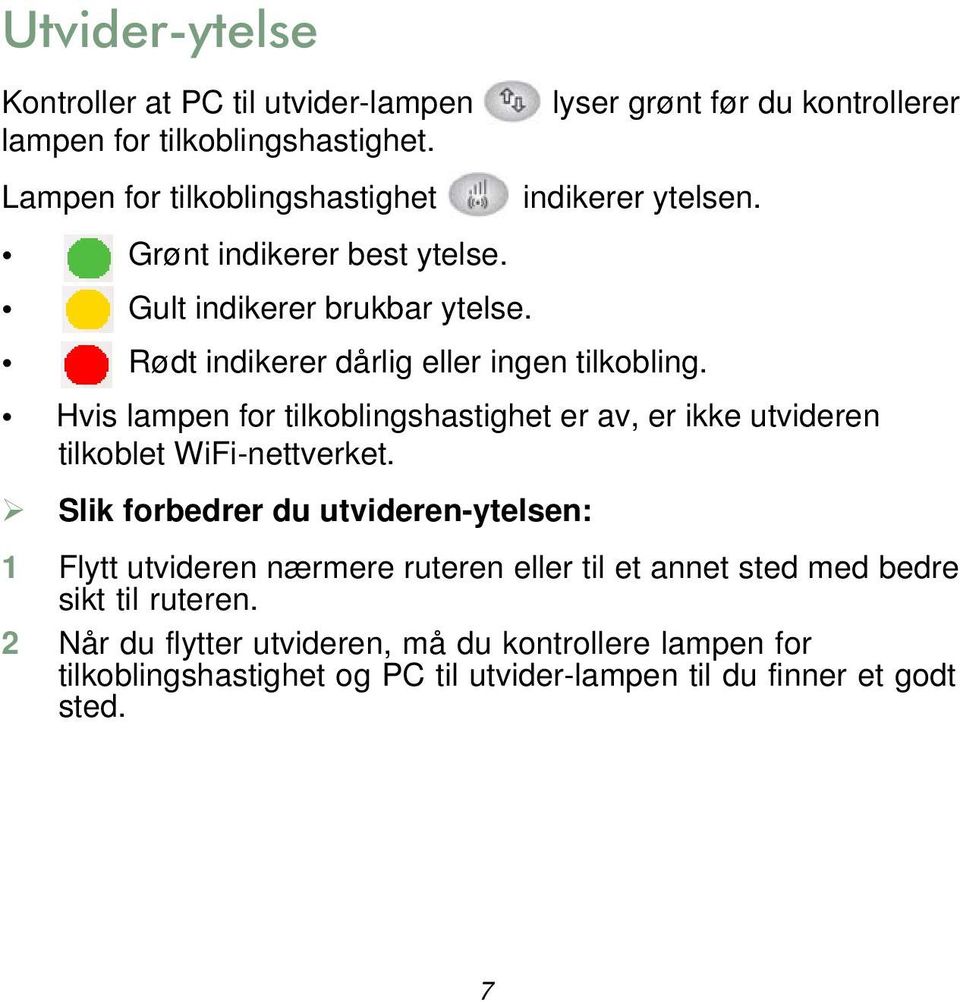 Rødt indikerer dårlig eller ingen tilkobling. Hvis lampen for tilkoblingshastighet er av, er ikke utvideren tilkoblet WiFi-nettverket.