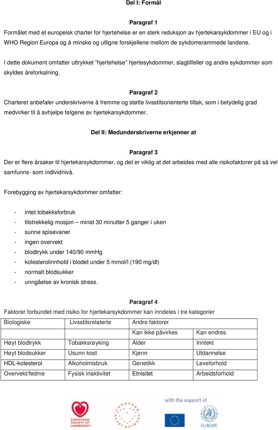 Paragraf 2 Charteret anbefaler underskriverne å fremme og støtte livsstilsorienterte tiltak, som i betydelig grad medvirker til å avhjelpe følgene av hjertekarsykdommer.