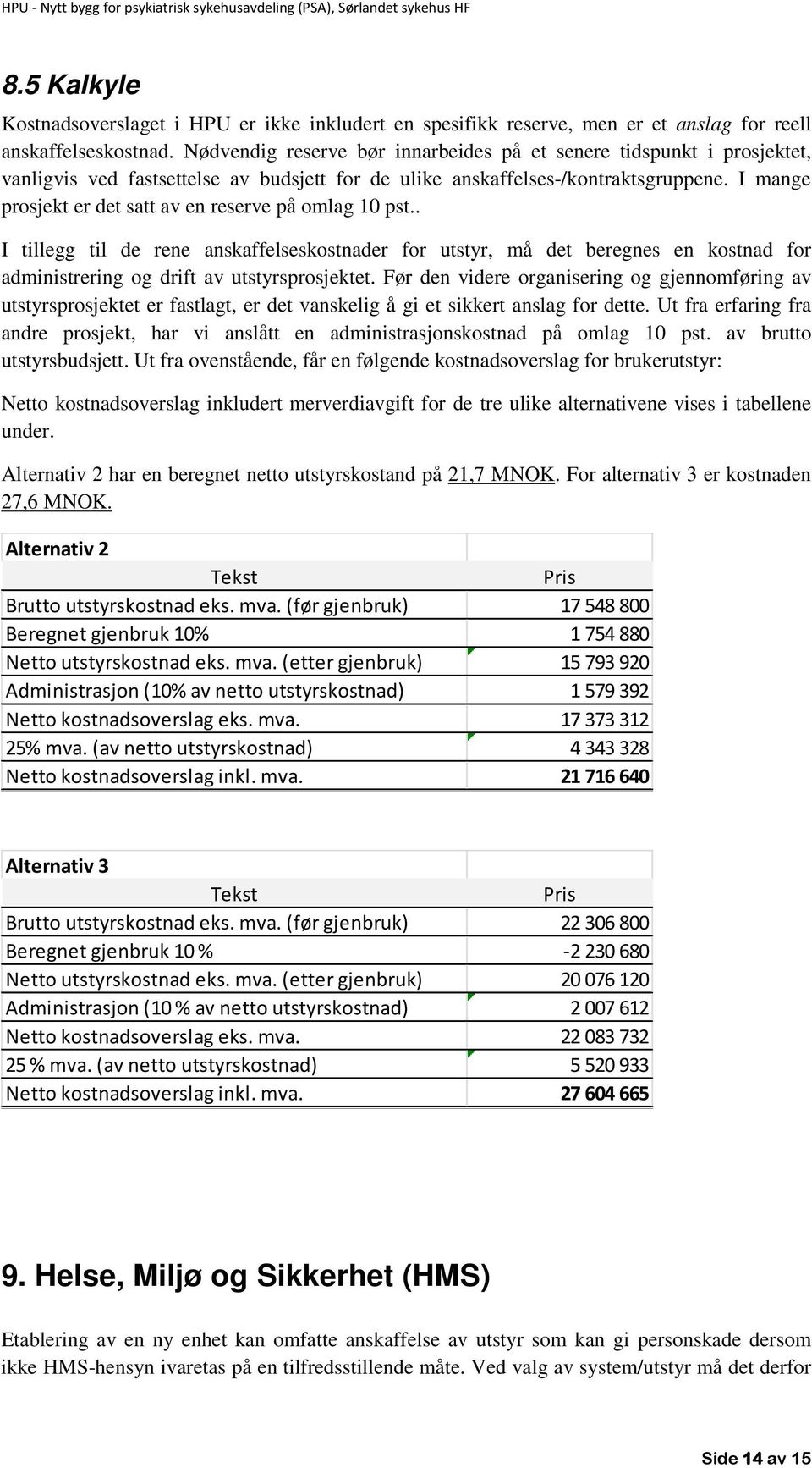 I mange prosjekt er det satt av en reserve på omlag 10 pst.. I tillegg til de rene anskaffelseskostnader for utstyr, må det beregnes en kostnad for administrering og drift av utstyrsprosjektet.