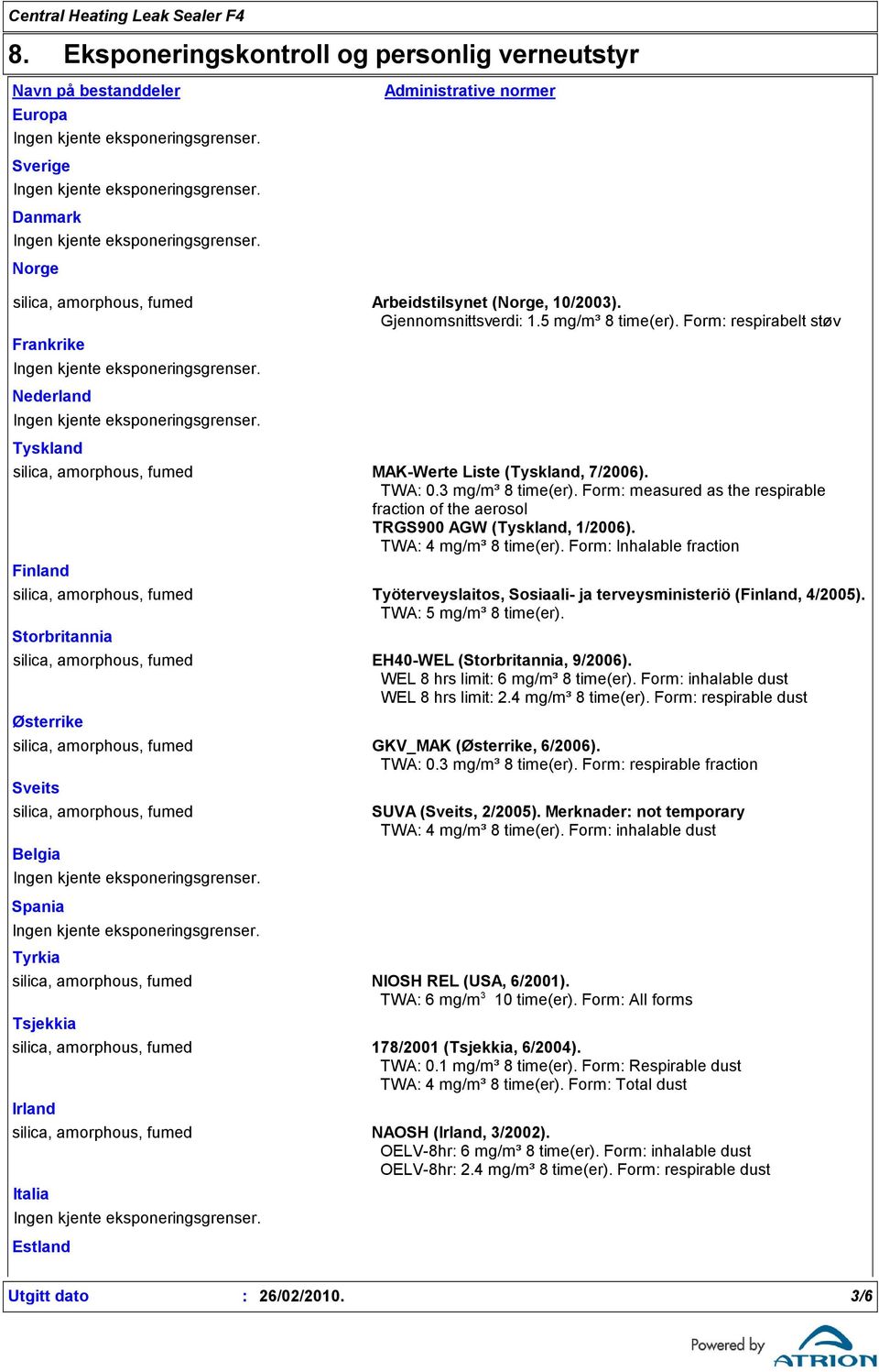 Form measured as the respirable fraction of the aerosol TRGS900 AGW (Tyskland, 1/2006). TWA 4 mg/m³ 8 time(er).