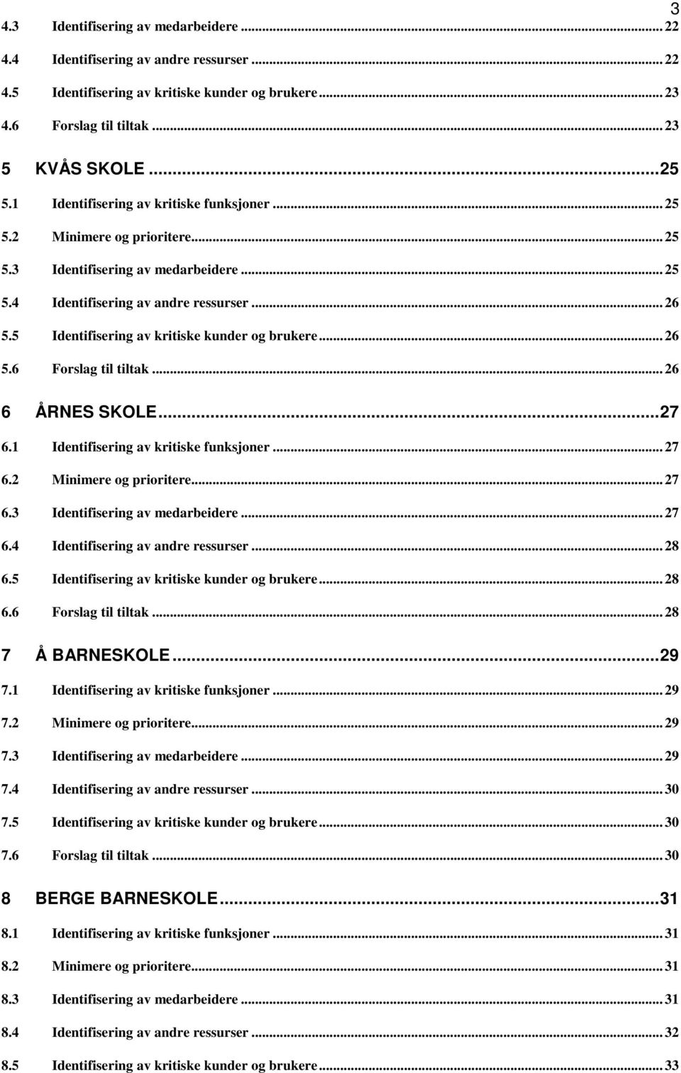 5 Identifisering av kritiske kunder og brukere... 26 5.6 Forslag til tiltak... 26 6 ÅRNES SKOLE...27 6.1 Identifisering av kritiske funksjoner... 27 6.2 Minimere og prioritere... 27 6.3 Identifisering av medarbeidere.