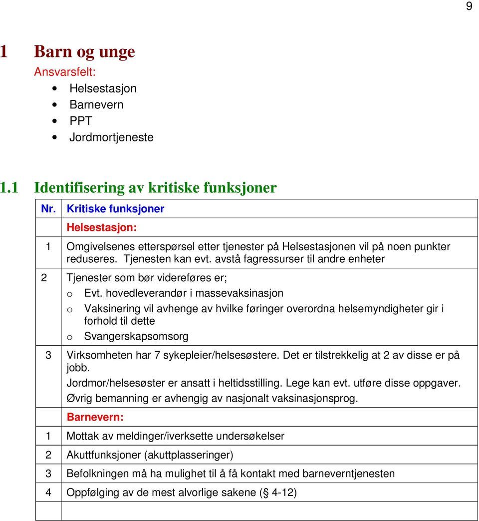 avstå fagressurser til andre enheter 2 Tjenester som bør videreføres er; o Evt.