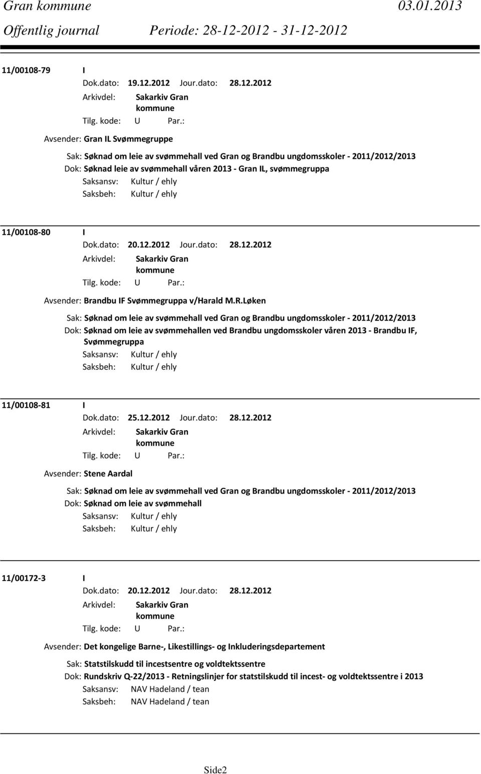 svømmegruppa Saksansv: Kultur / ehly Saksbeh: Kultur / ehly 11/00108 80 I Avsender: Brandbu IF Svømmegruppa v/harald M.R.