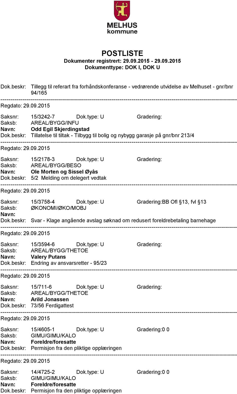 type: U Gradering: Saksb: AREAL/BYGG/BESO Navn: Ole Morten og Sissel Øyås Dok.beskr: 5/2 Melding om delegert vedtak Saksnr: 15/3758-4 Dok.