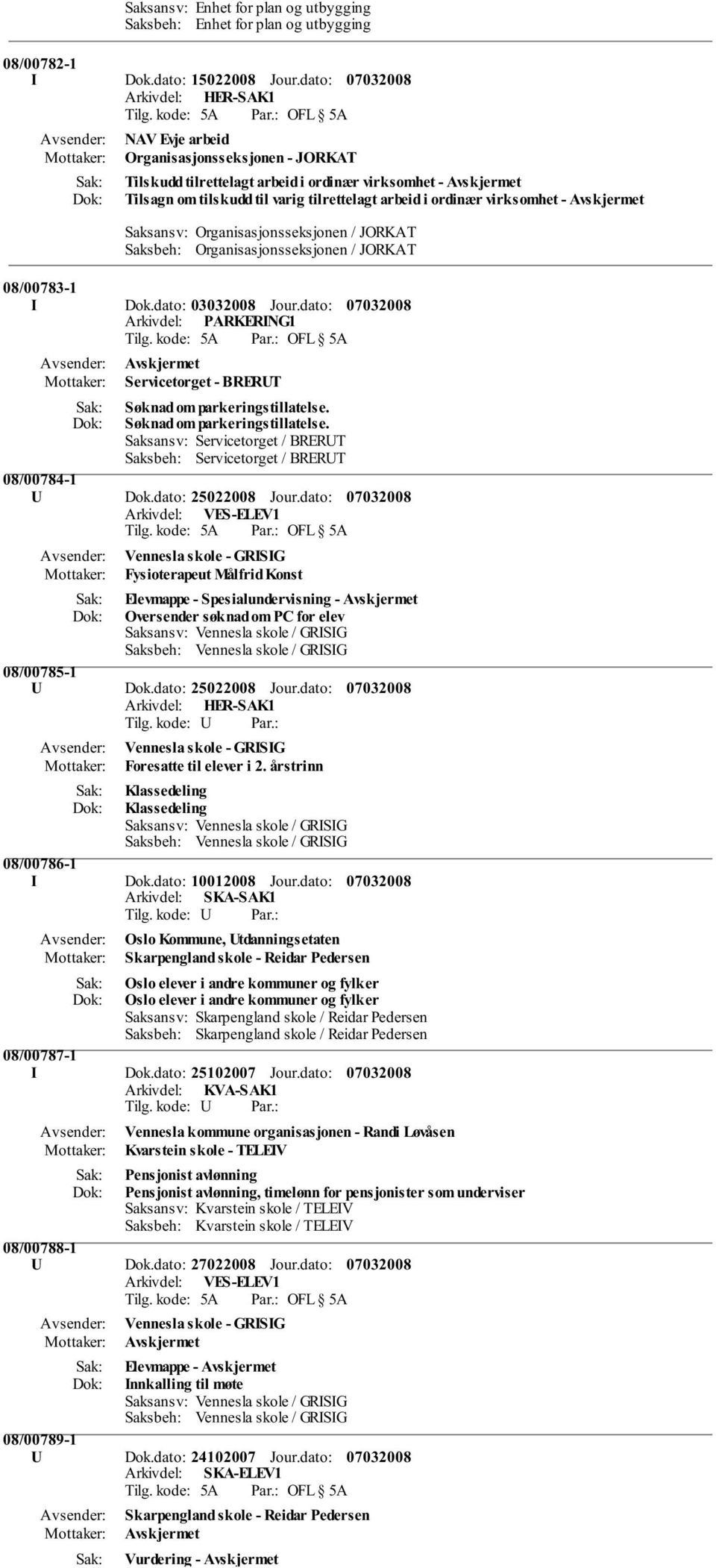 Avskjermet Saksansv: Organisasjonsseksjonen / JORKAT Saksbeh: Organisasjonsseksjonen / JORKAT 08/00783-1 I Dok.dato: 03032008 Jour.