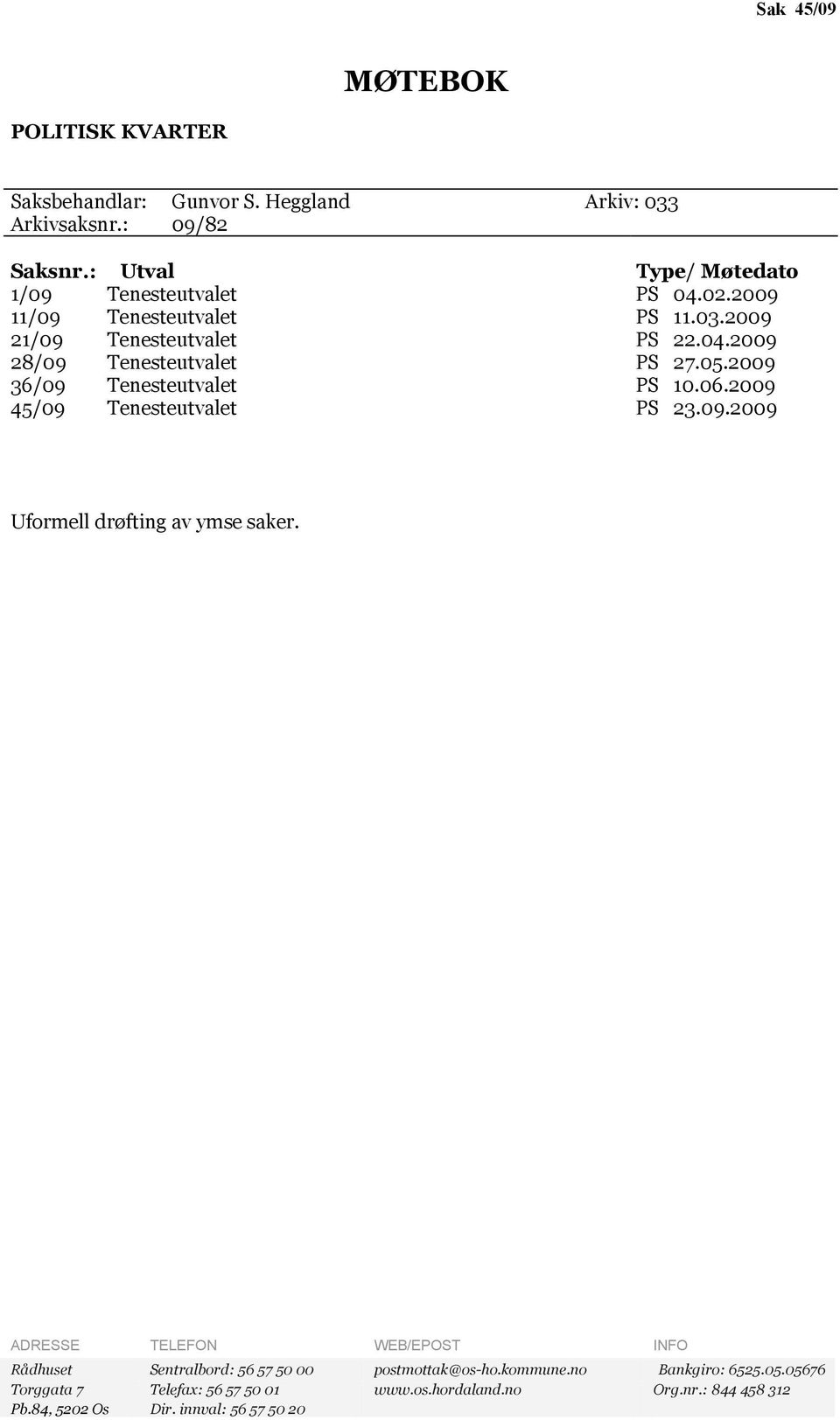 05.2009 36/09 Tenesteutvalet PS 10.06.2009 45/09 Tenesteutvalet PS 23.09.2009 Uformell drøfting av ymse saker.