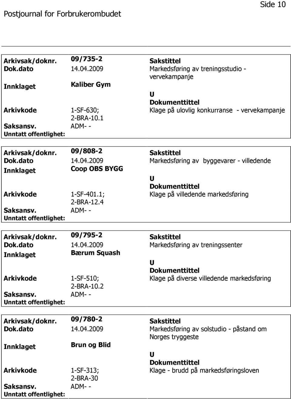 1; 2-BRA-12.4 Klage på villedende markedsføring Arkivsak/doknr. 09/795-2 Sakstittel Dok.dato 14.04.2009 Markedsføring av treningssenter nnklaget Bærum Squash 1-SF-510; 2-BRA-10.