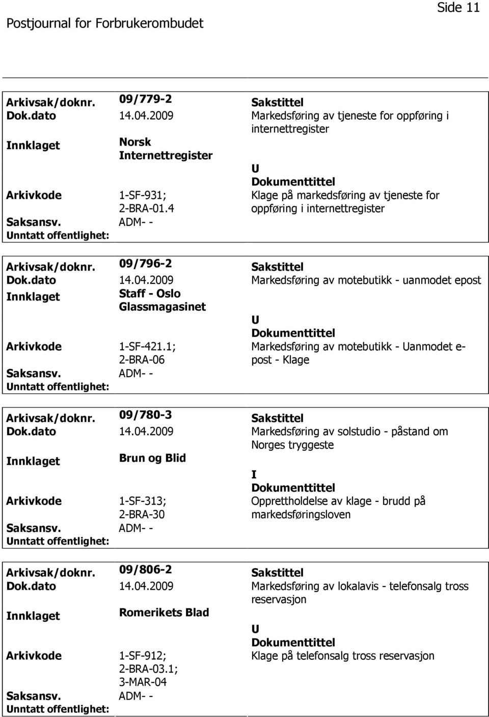 2009 Markedsføring av motebutikk - uanmodet epost nnklaget Staff - Oslo Glassmagasinet 1-SF-421.1; 2-BRA-06 Markedsføring av motebutikk - anmodet e- post - Klage Arkivsak/doknr.