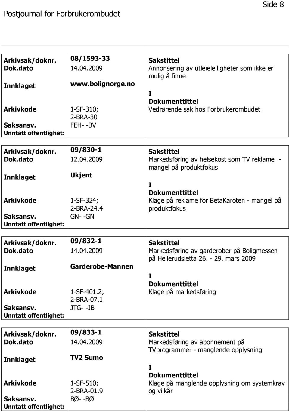 2009 Markedsføring av helsekost som TV reklame - mangel på produktfokus nnklaget kjent 1-SF-324; 2-BRA-24.4 GN- -GN Klage på reklame for BetaKaroten - mangel på produktfokus Arkivsak/doknr.