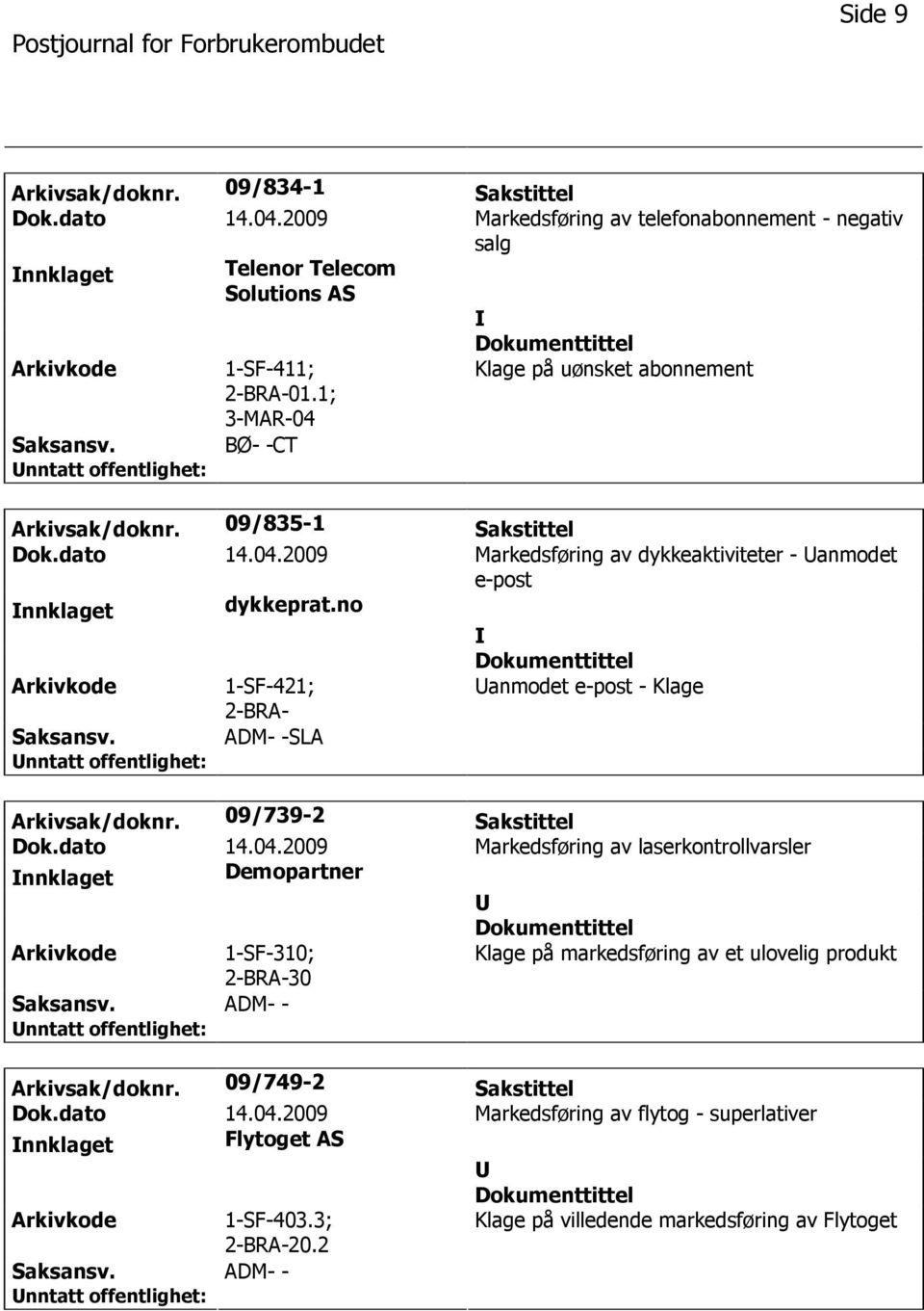 no 1-SF-421; 2-BRA- anmodet e-post - Klage SLA Arkivsak/doknr. 09/739-2 Sakstittel Dok.dato 14.04.