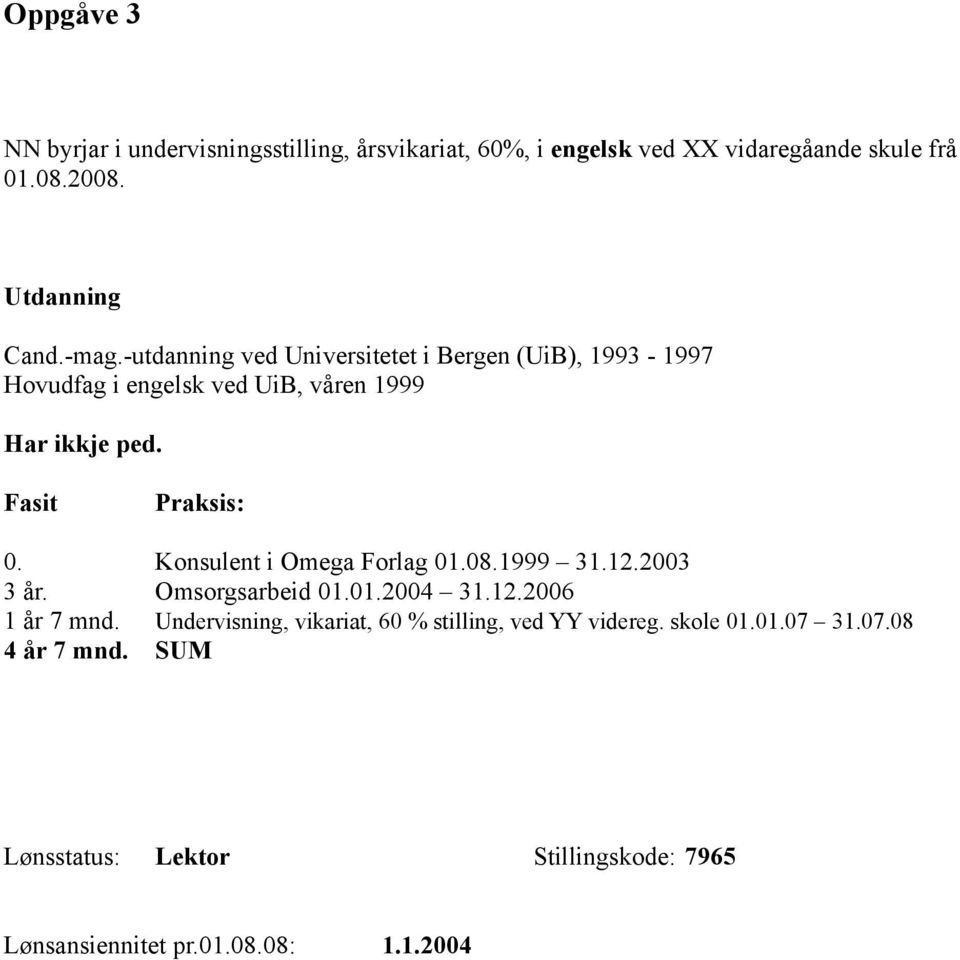 Konsulent i Omega Forlag 01.08.1999 31.12.2003 3 år. Omsorgsarbeid 01.01.2004 31.12.2006 1 år 7 mnd.