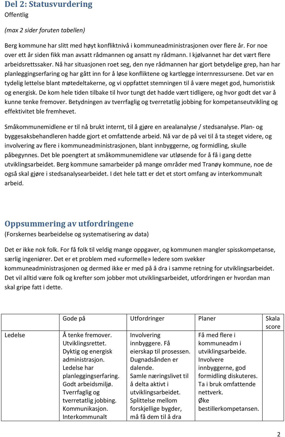 Nå har situasjonen roet seg, den nye rådmannen har gjort betydelige grep, han har planleggingserfaring og har gått inn for å løse konfliktene og kartlegge internressursene.