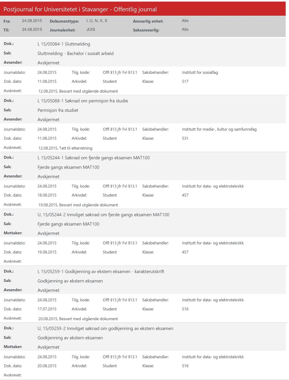 dato: 18.08.2015 Arkivdel: Student 457 19.08.2015, Besvart med utgående dokument, 15/05244-2 Innvilget søknad om fjerde gangs eksamen MAT100 Fjerde gangs eksamen MAT100 Dok. dato: 19.08.2015 Arkivdel: Student 457 I, 15/05259-1 Godkjenning av ekstern eksamen - karakterutskrift Godkjenning av ekstern eksamen Dok.