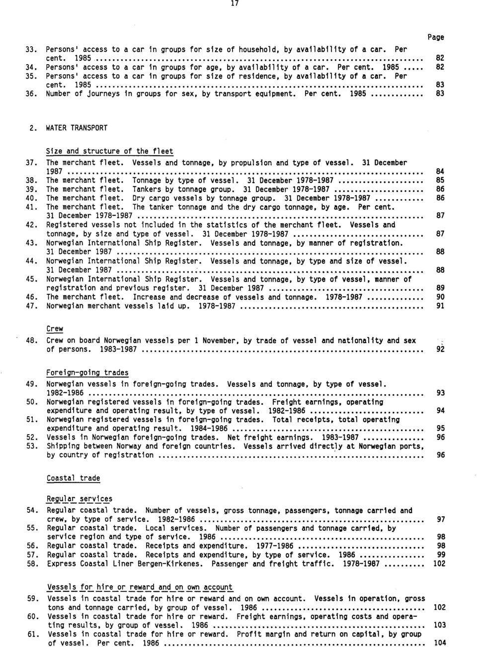 WATER TRANSPORT Size and structure of the fleet 37. The merchant fleet. Vessels and tonnage, by propulsion and type of vessel. 31 December 1987 84 38. The merchant fleet. Tonnage by type of vessel.