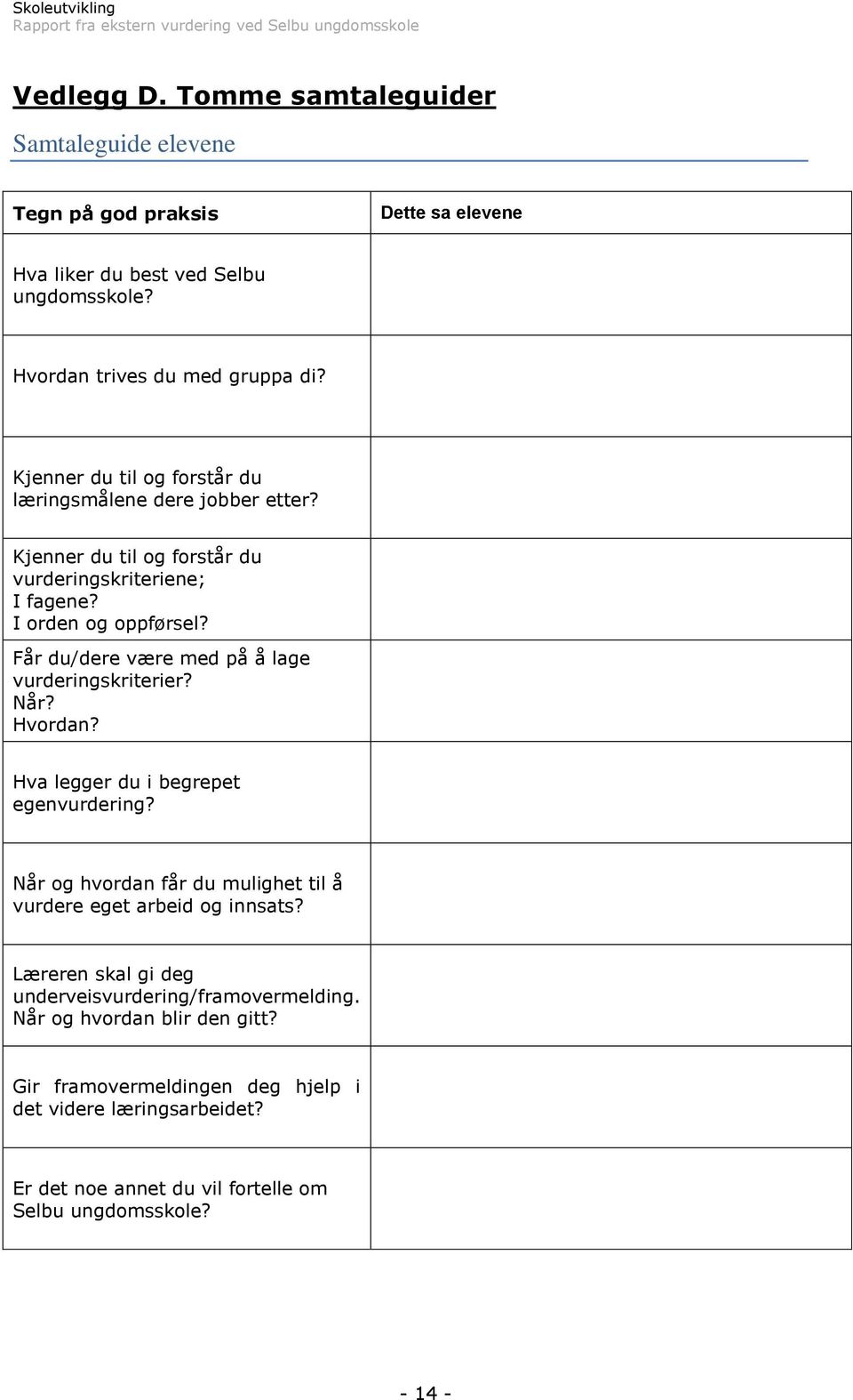 Får du/dere være med på å lage vurderingskriterier? Når? Hvordan? Hva legger du i begrepet egenvurdering? Når og hvordan får du mulighet til å vurdere eget arbeid og innsats?