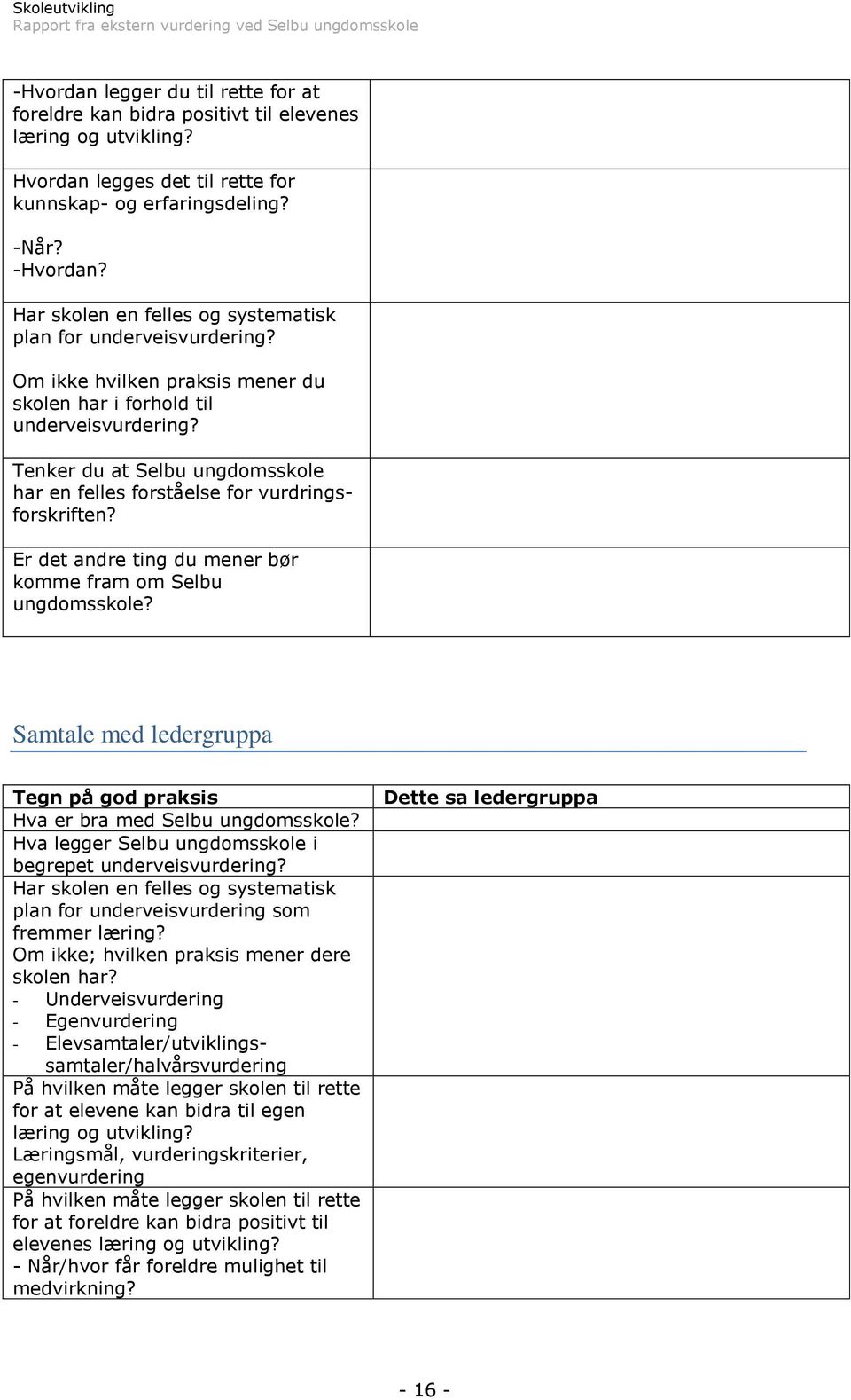 Tenker du at Selbu ungdomsskole har en felles forståelse for vurdringsforskriften? Er det andre ting du mener bør komme fram om Selbu ungdomsskole?