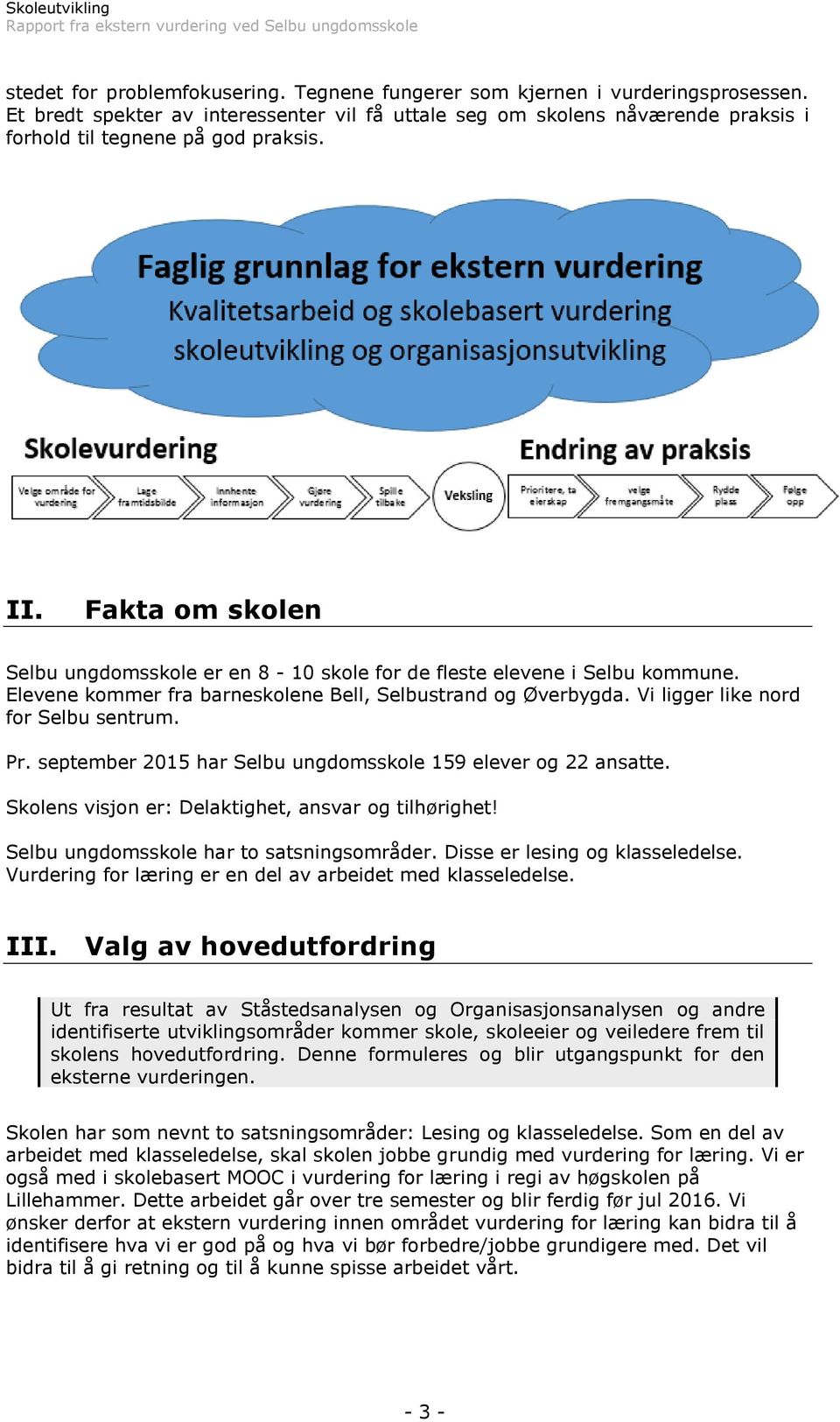 Pr. september 2015 har Selbu ungdomsskole 159 elever og 22 ansatte. Skolens visjon er: Delaktighet, ansvar og tilhørighet! Selbu ungdomsskole har to satsningsområder. Disse er lesing og klasseledelse.