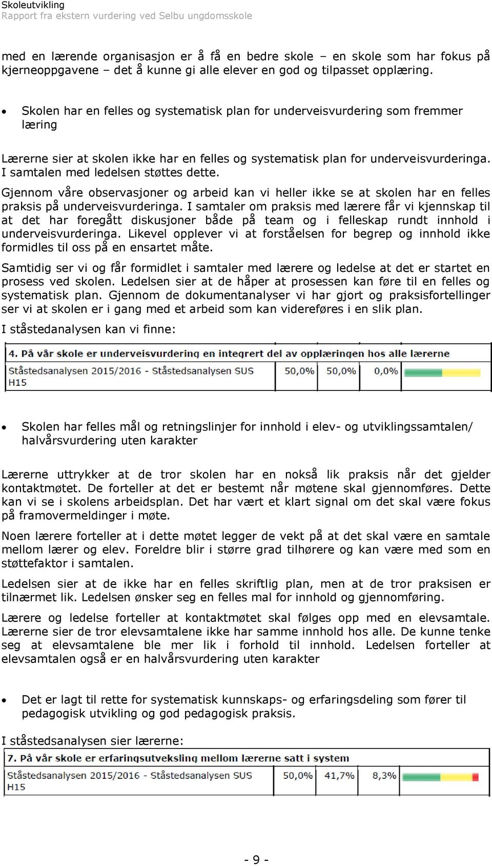 I samtalen med ledelsen støttes dette. Gjennom våre observasjoner og arbeid kan vi heller ikke se at skolen har en felles praksis på underveisvurderinga.