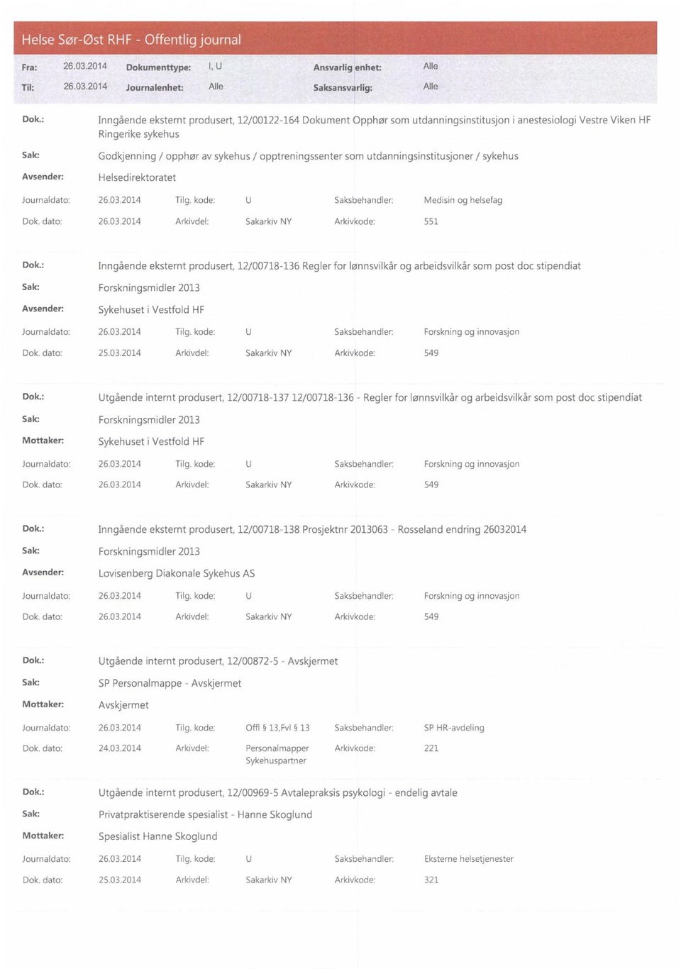 utdanningsinstitusjoner / sykehus Helsedirektoratet Journaldato: 26.03.2014 Tilg. kode: U Saksbehandler: Medisin og helsefag Dok. dato: 26.03.2014 Arkivdel: Sakarkiv NY Arkivkode: 551 Dok.