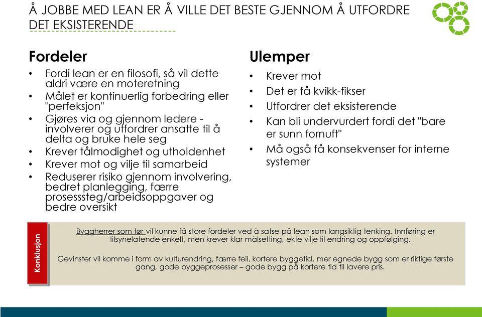 involvering, bedret planlegging, færre prosesssteg/arbeidsoppgaver og bedre oversikt Ulemper Krever mot Det er få kvikk-fikser Utfordrer det eksisterende Kan bli undervurdert fordi det "bare er sunn