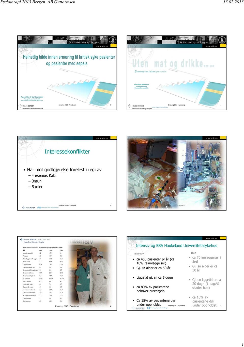 Intensiv og BSA Haukeland Universitetssykehus Ernæring 2013 - Fysioterapi 4 Intensiv ca 450 pasienter pr år (ca 10% reinnleggelser) Gj. sn alder er ca 50 år Liggetid gj.