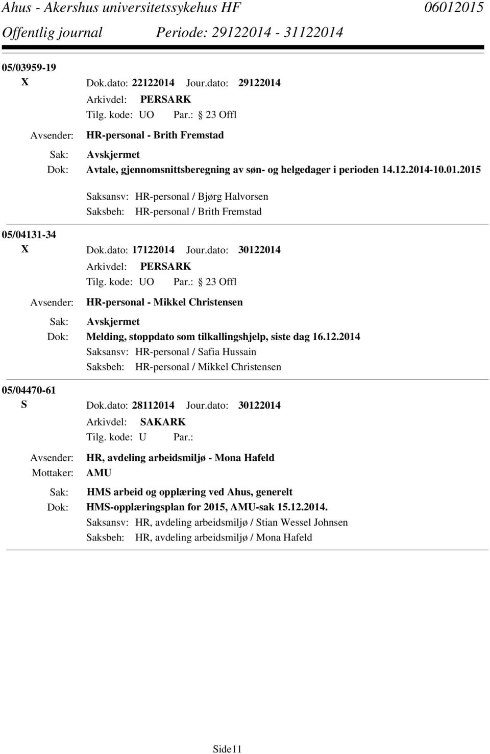 HR-personal - Brith Fremstad Avtale, gjennomsnittsberegning av søn- og helgedager i perioden 14.12.2014