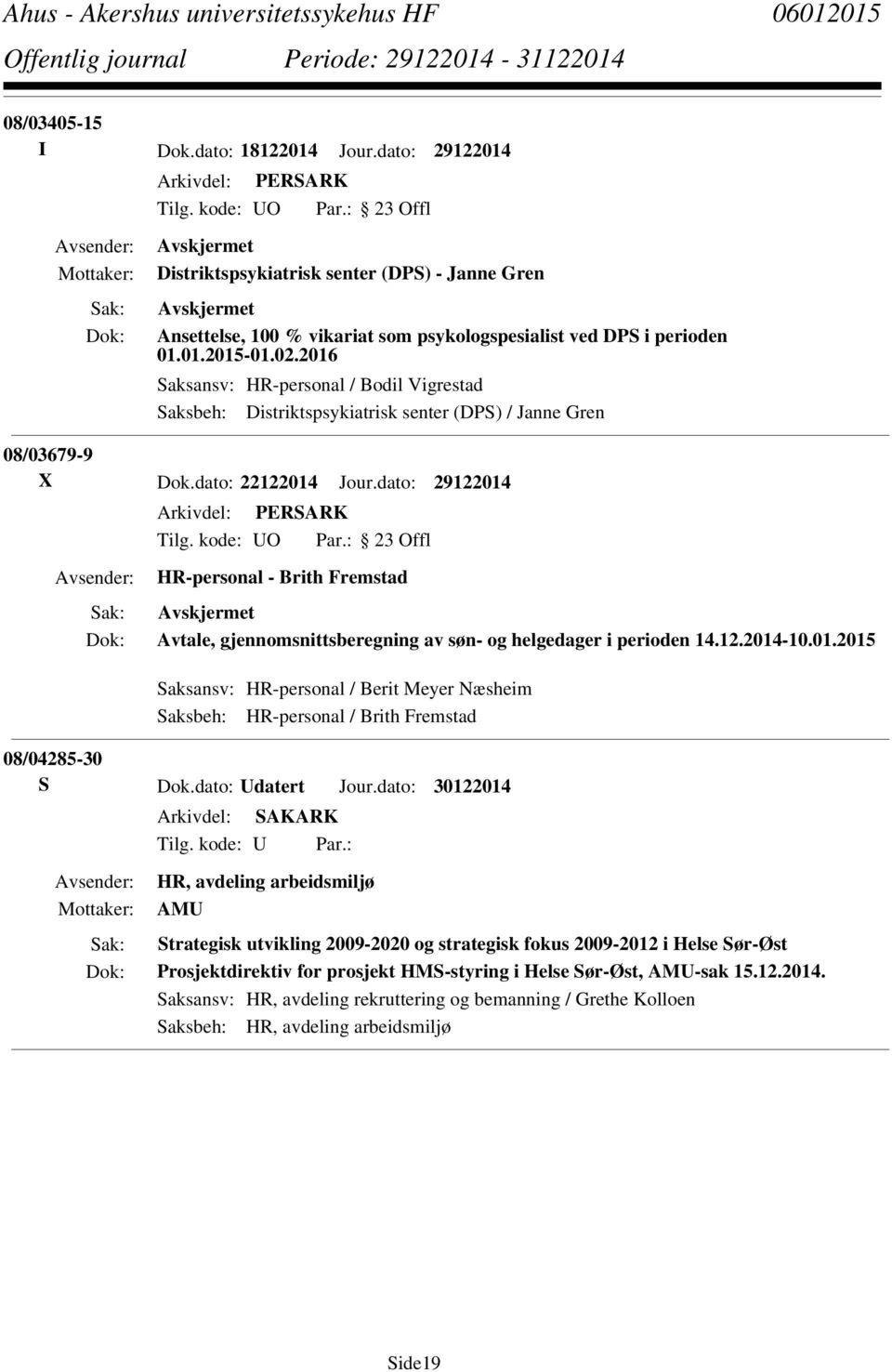 dato: 29122014 HR-personal - Brith Fremstad Avtale, gjennomsnittsberegning av søn- og helgedager i perioden 14.12.2014-10.01.2015 Saksansv: HR-personal / Berit Meyer Næsheim Saksbeh: HR-personal / Brith Fremstad 08/04285-30 S Dok.