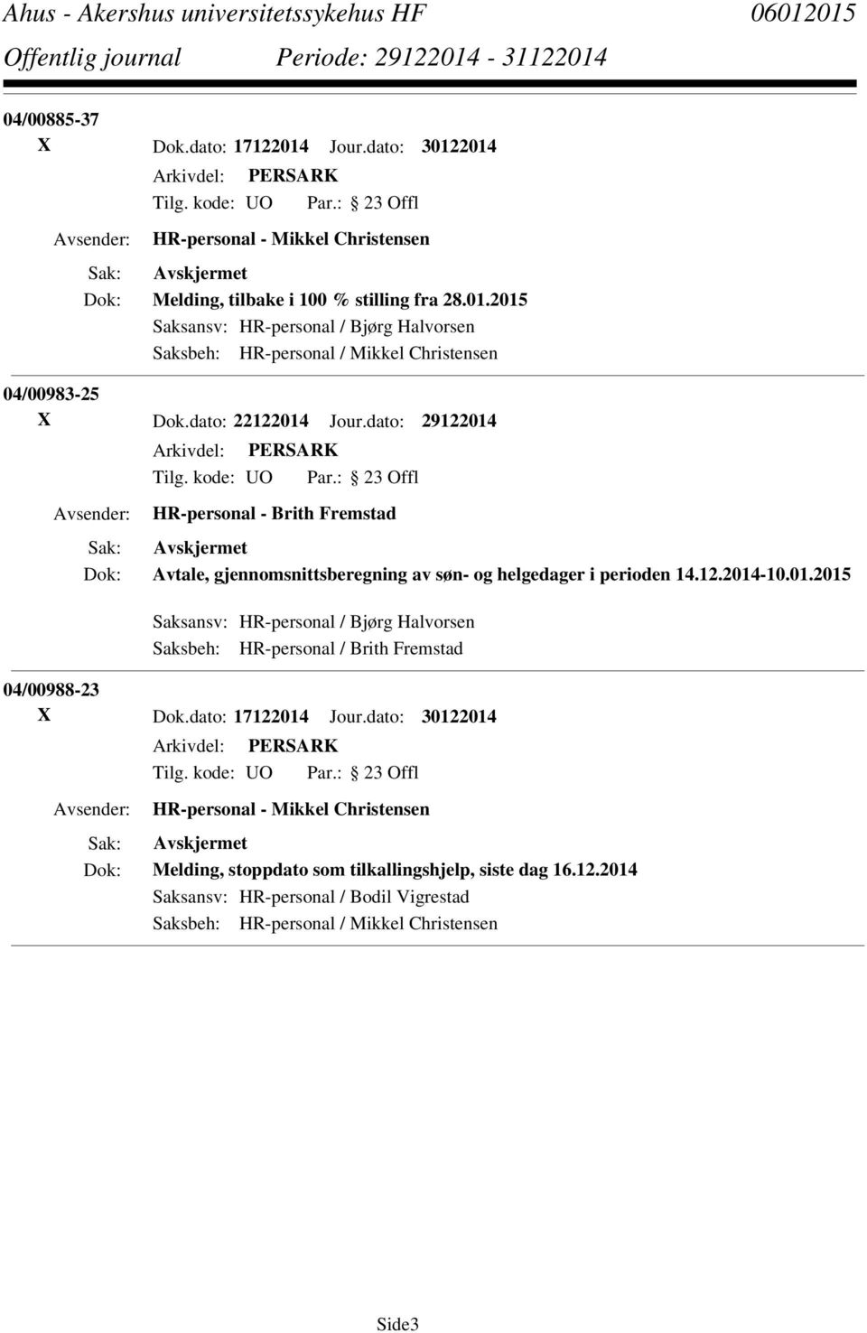 dato: 29122014 HR-personal - Brith Fremstad Avtale, gjennomsnittsberegning av søn- og helgedager i perioden 14.12.2014-10.