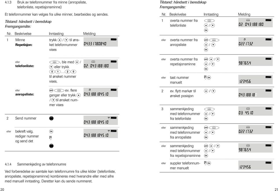 ønsket nummer vises, 0: 0188180 verta nummer fra repetisjnsminne tast nummer manuelt s 98765 156 anrpsliste: Send nummer bekreft valg, rediger nummer g send det s b ev.