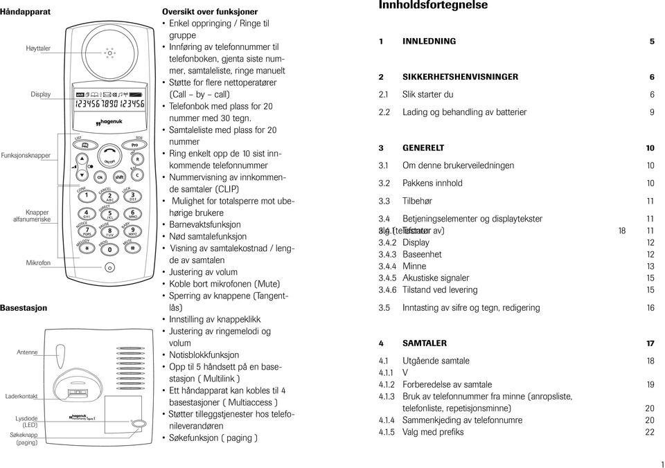 Samtaleliste med plass fr 0 nummer Ring enkelt pp de 10 sist innkmmende telefnnummer Nummervisning av innkmmende samtaler (CLIP) Mulighet fr ttalsperre mt ubehørige brukere Barnevaktsfunksjn Nød