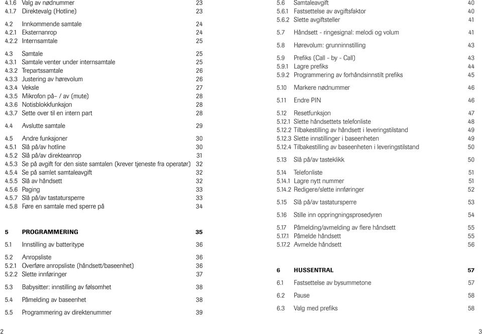 5. Se på samlet samtaleavgift.5.5 Slå av håndsett.5.6 Paging.5.7 Slå på/av tastatursperre.5.8 Føre en samtale med sperre på 5 PROGRAMMERING 5 5.1 Innstilling av batteritype 6 5. Anrpsliste 6 5.