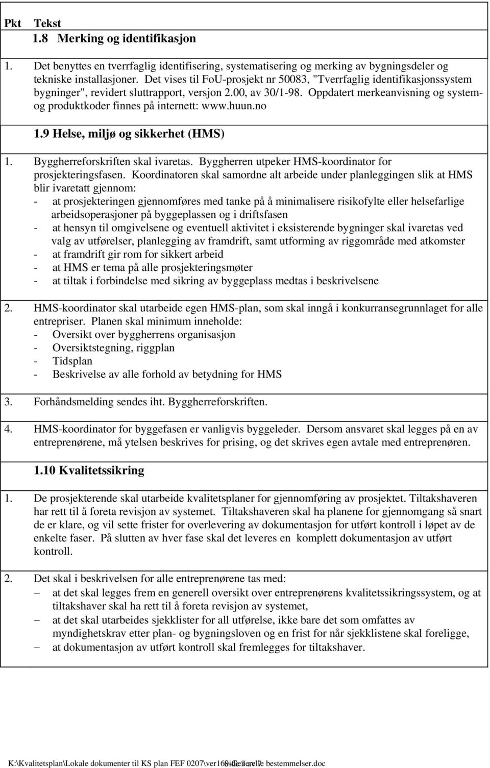 Oppdatert merkeanvisning og systemog produktkoder finnes på internett: www.huun.no 1.9 Helse, miljø og sikkerhet (HMS) 1. Byggherreforskriften skal ivaretas.