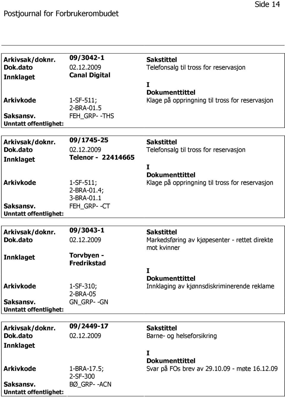 4; 3-BRA-01.1 Klage på oppringning til tross for reservasjon FEH_GRP- -CT Arkivsak/doknr. 09/3043-1 Sakstittel Dok.dato 02.12.