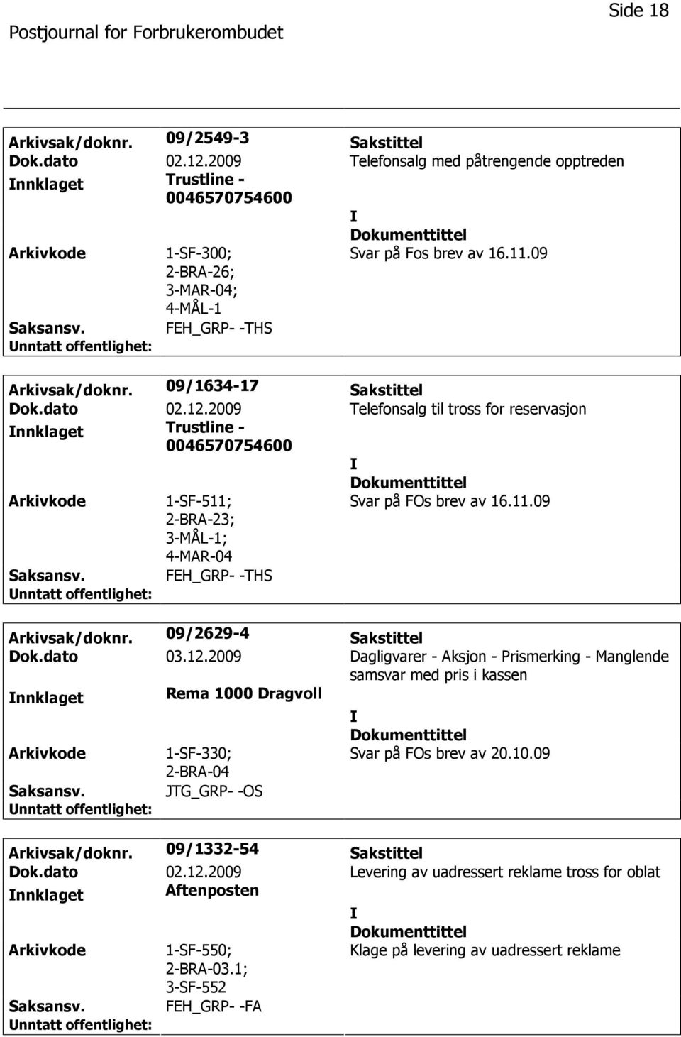 2009 Telefonsalg til tross for reservasjon nnklaget Trustline - 0046570754600 2-BRA-23; 3-MÅL-1; 4-MAR-04 Svar på FOs brev av 16.11.09 FEH_GRP- -THS Arkivsak/doknr. 09/2629-4 Sakstittel Dok.dato 03.