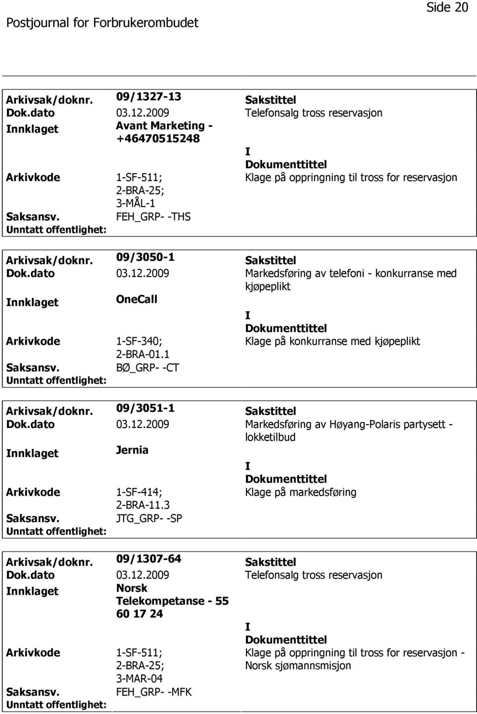 2009 Markedsføring av telefoni - konkurranse med kjøpeplikt nnklaget OneCall 1-SF-340; 2-BRA-01.1 Klage på konkurranse med kjøpeplikt BØ_GRP- -CT Arkivsak/doknr. 09/3051-1 Sakstittel Dok.dato 03.12.