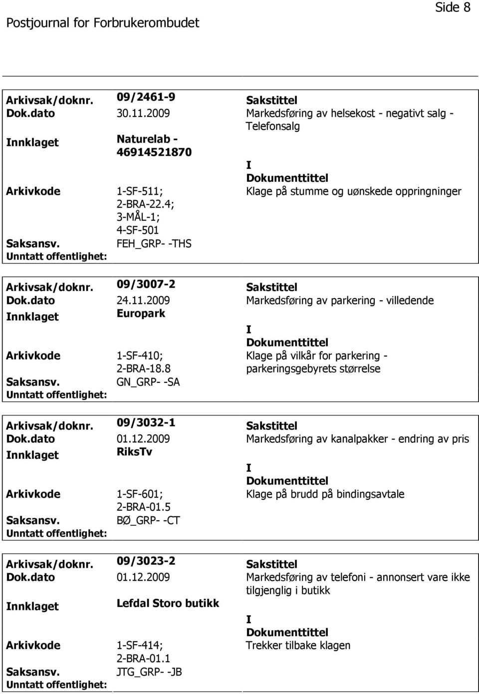 2009 Markedsføring av parkering - villedende nnklaget Europark 1-SF-410; 2-BRA-18.8 Klage på vilkår for parkering - parkeringsgebyrets størrelse GN_GRP- -SA Arkivsak/doknr. 09/3032-1 Sakstittel Dok.