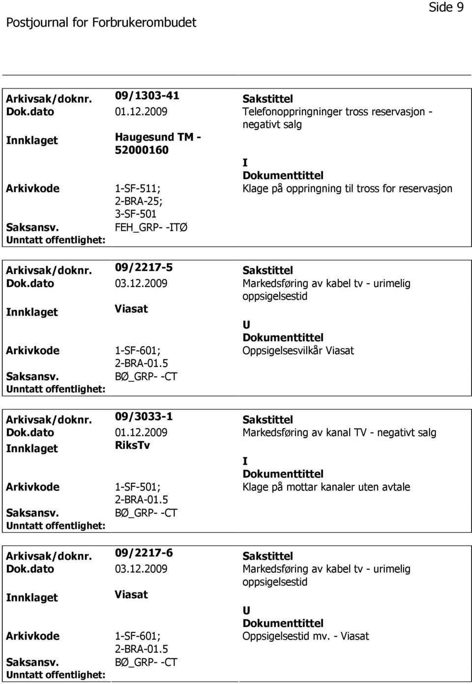 09/2217-5 Sakstittel Dok.dato 03.12.2009 Markedsføring av kabel tv - urimelig oppsigelsestid nnklaget Viasat 1-SF-601; 2-BRA-01.5 Oppsigelsesvilkår Viasat BØ_GRP- -CT Arkivsak/doknr.